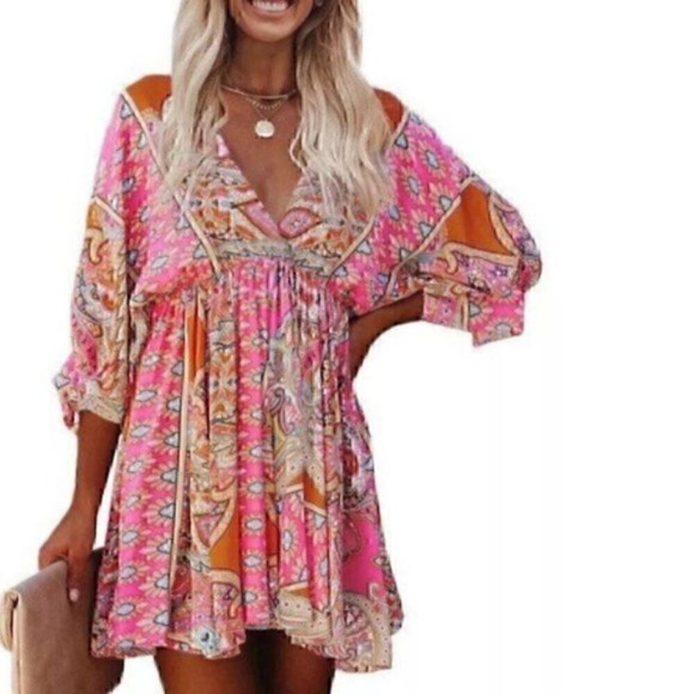 Floral Print Lace Up V-neck Dress, Boho Short Sleeve Waist Backless Summer L - Picture 5 of 6
